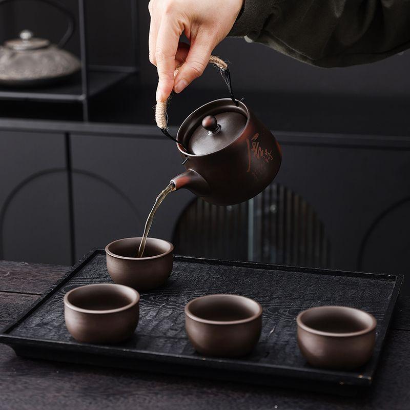 Purple Clay Teapot with Handle Handmade Travel Tea Set Including 1 Teapot  4 Cups Purple Clay Teacups Handheld Teapot