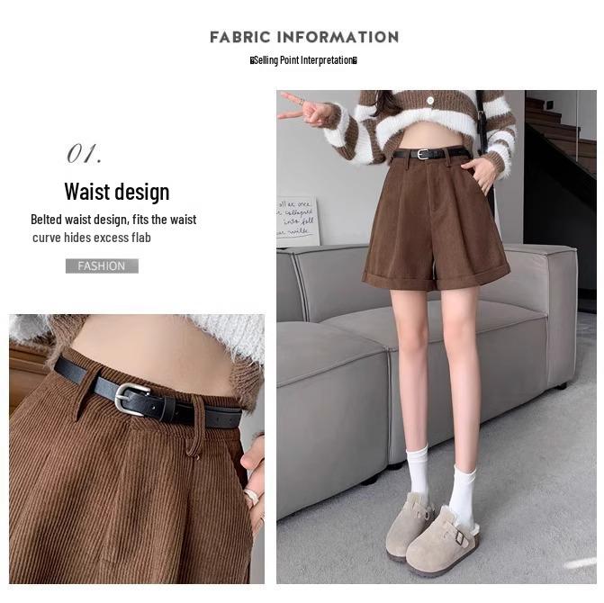 High-Waisted Corduroy A-Line Bootcut Shorts for Women - Coffee Color, Casual Autumn/Winter Wear