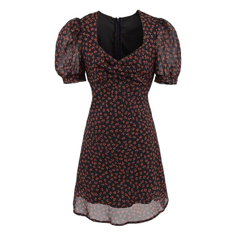 

Summer Romantic French style Retro Atmosphere Pastoral Floral Square Collar Puff sleeve Slim fit Slimming Dress Short dress Black background floral L