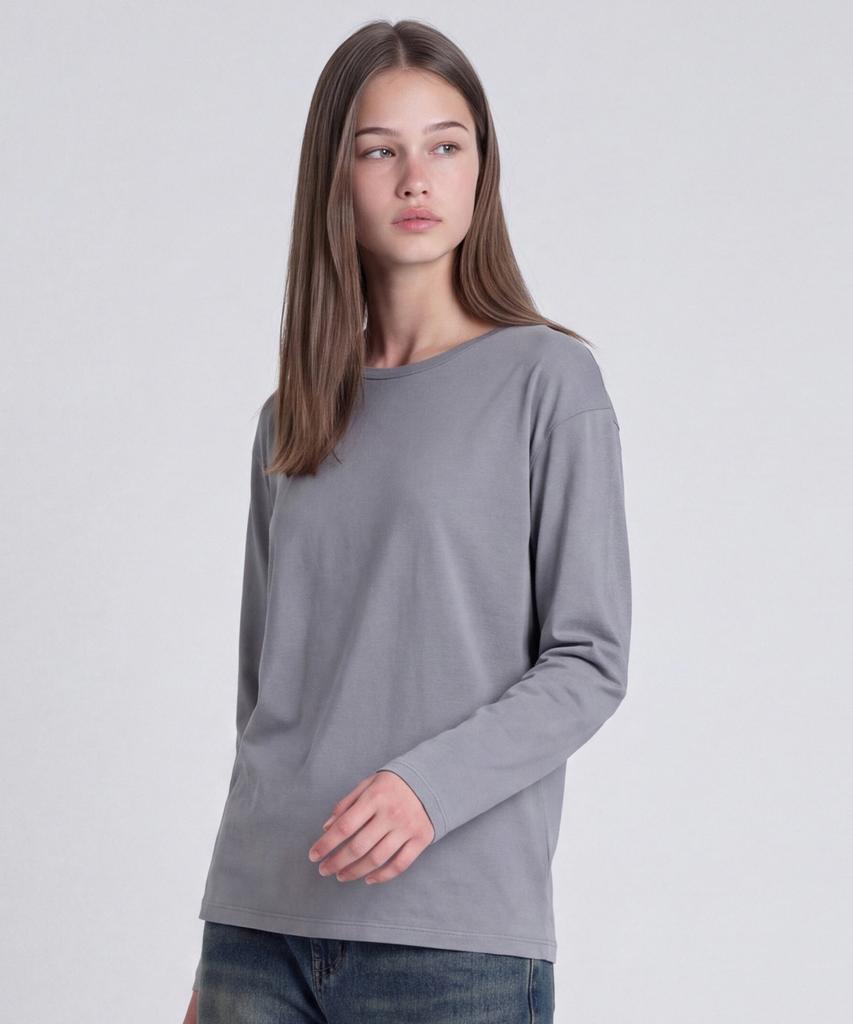 BASIC HOUSE Women'S Flowy Spandex U-Neck Oversized Long-Sleeve T-Shirt Dark Gray
