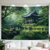 Tapisserie Jardin Japonais Vert avec Pont Pagode et Reflet sur l'Étang 180x320cm Décor Mural Décor de Pièce Esthétique