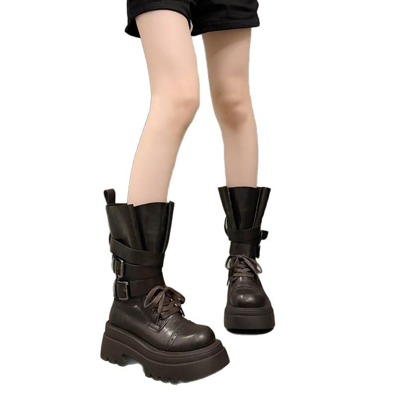 7Cm thick-soled buckle locomotive boots women's 2025 autumn new retro British style heightening Martin boots medium tube knight boots