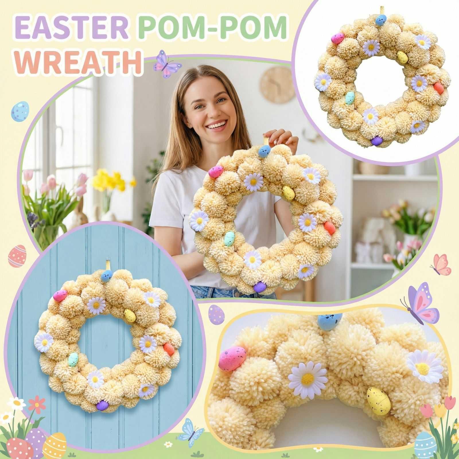 Easter Wreath Door Decoration Hanging Floral Circle, Plush Balls For Indoor Outdoor Porch Decoration cm giallo