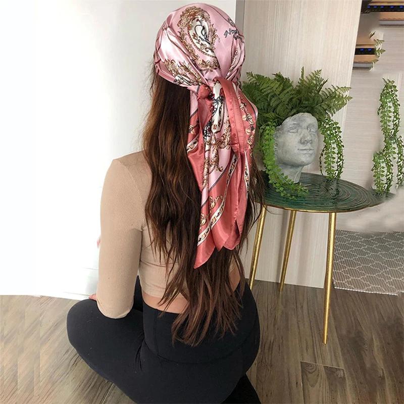 90*90cm Quadratische Seidenschals Damen Hijab Schals Mode Druck Halstuch Femme Kopftuch Foulard Bandana Strand Pareo