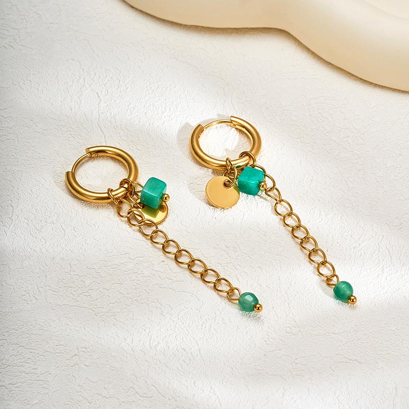 18K Gold Plated Stainless Steel Hoop Earrings for Women Vintage Green Natural Stone Charms Trendy Waterproof Jewelry