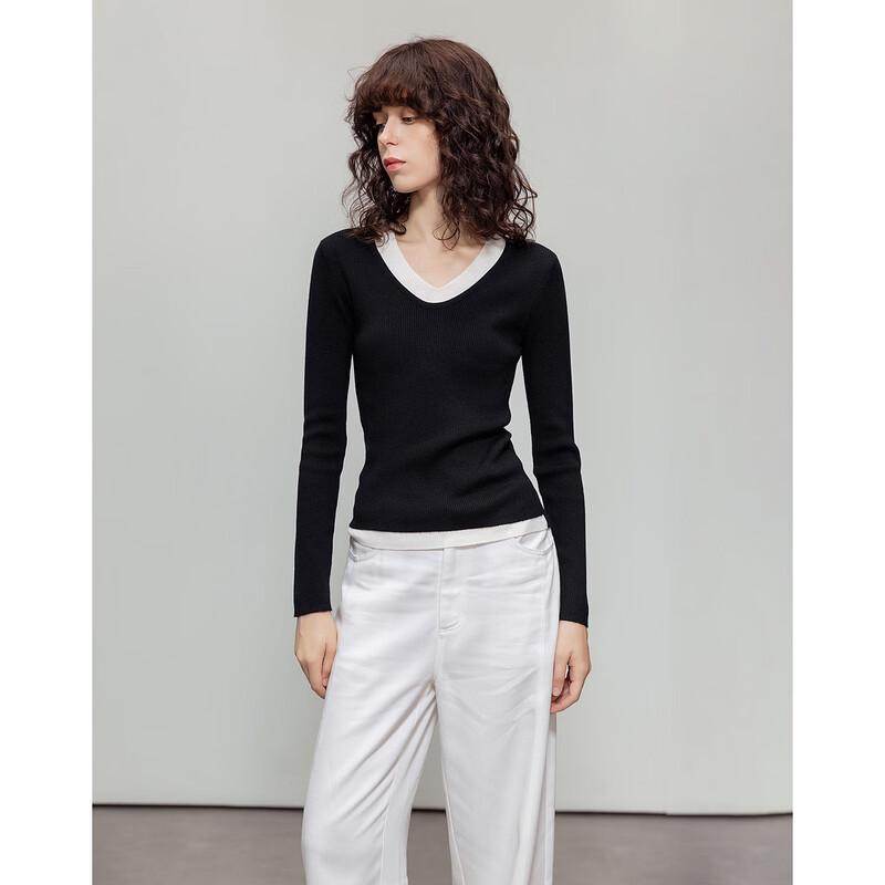 Demana Women s Wool Blend Color-Block V-Neck Knit Sweater M