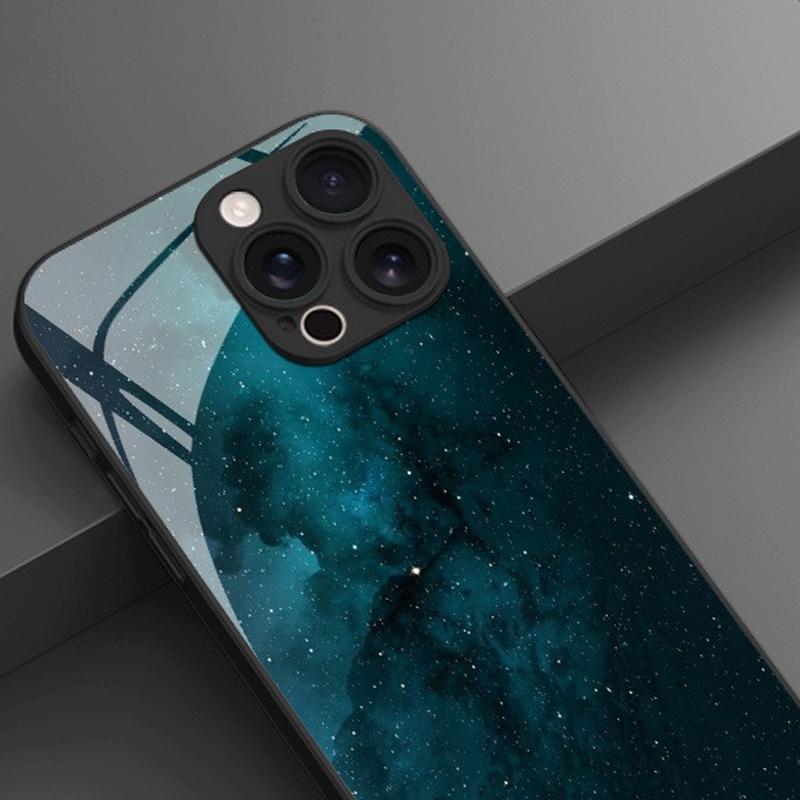 Deep Blue Nebula Dreamy Starry Sky Tempered Glass Black Phone Case For iPhone 17 16 15 14 13 12 11 Pro Max Air 7 Plus XS X Cover