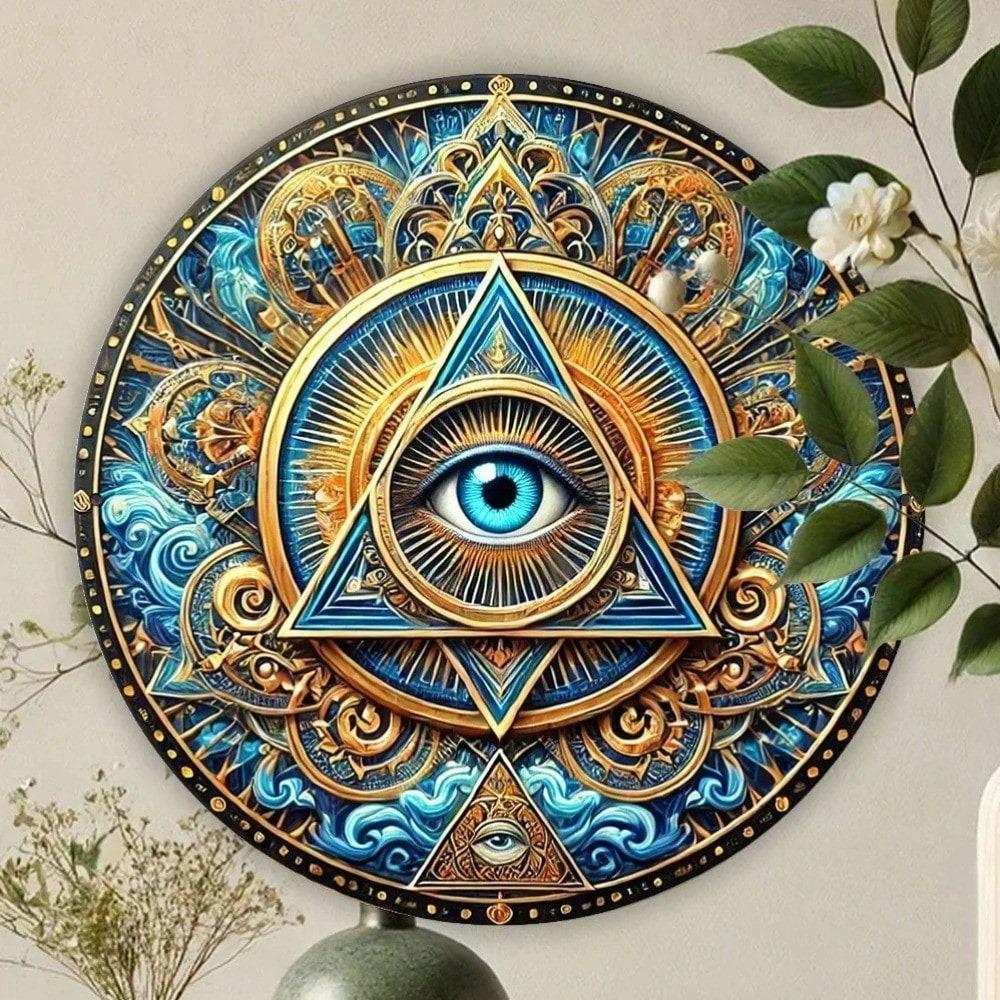 Mystic Eye of Providence Metal Tin Sign 8x8 Inch Vintage Round Wall Art BOHO Rustic Home Decor Hanging