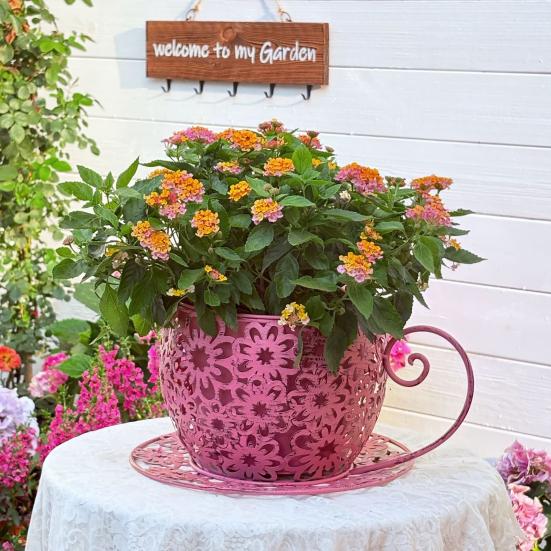 Vintage Teacup Planter Iron Floral Cutout Flowerpot Decorative Plant Pot for Succulents Herbs Flowers Indoor Outdoor Garden Decor