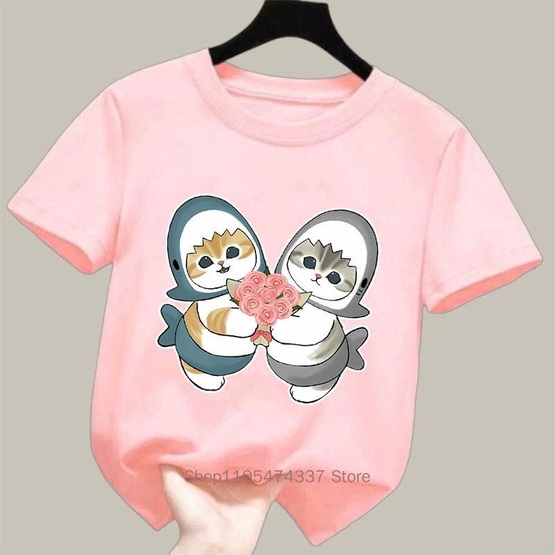 Cute Shark Cat Print Tshirts For Girls Summer Children Casual Kawaii Colorful Comfortable Tops Kids Oneck Short Sleeve Tees