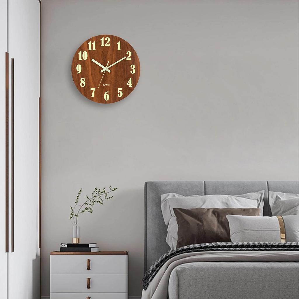 Wall Nordic Easy to Continuous Second 3D Simple 30cm Grain Clock, Luminous, Stylish, Silent, Style, Read, Fluorescent, Hand, Dial, Design, (Wood 2D)