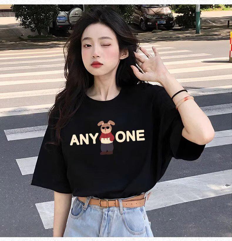 

Футболка с круглым вырезом и буквенным принтом для девочек - свободный крой с коротким рукавом, новый летний топ 2025 года в гонконгском стиле L чёрный