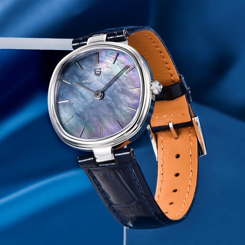 PAGANI DESIGN PD-1825 Women Quartz Watch Miyota GL22 Purple Mother of Pearl Dial Sapphire Glass Navy Blue Leather Strap Ladies