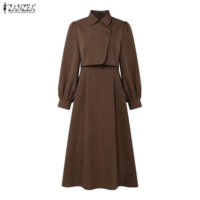 ZANZEA Damska elegancka sukienka na co dzień z kołnierzykiem i długim rękawem