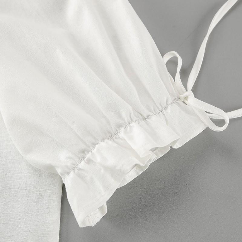 Womens White Cotton Linen Blouse Pants Set Casual 2-Piece Outfit With Puff Sleeves