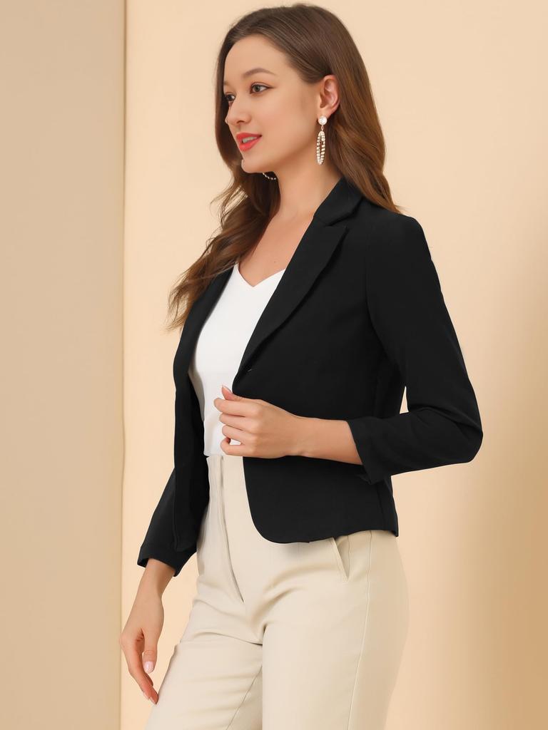 Allegra K Women's Floral Print Blazer, Long Sleeve, Open Front, Peak Lapel, Short Length, Office Casual, Black, Solid Color, Size S