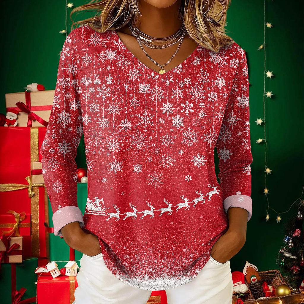 Top casual de damă cu mânecă lungă și decolteu în V, cu imprimeu de Crăciun