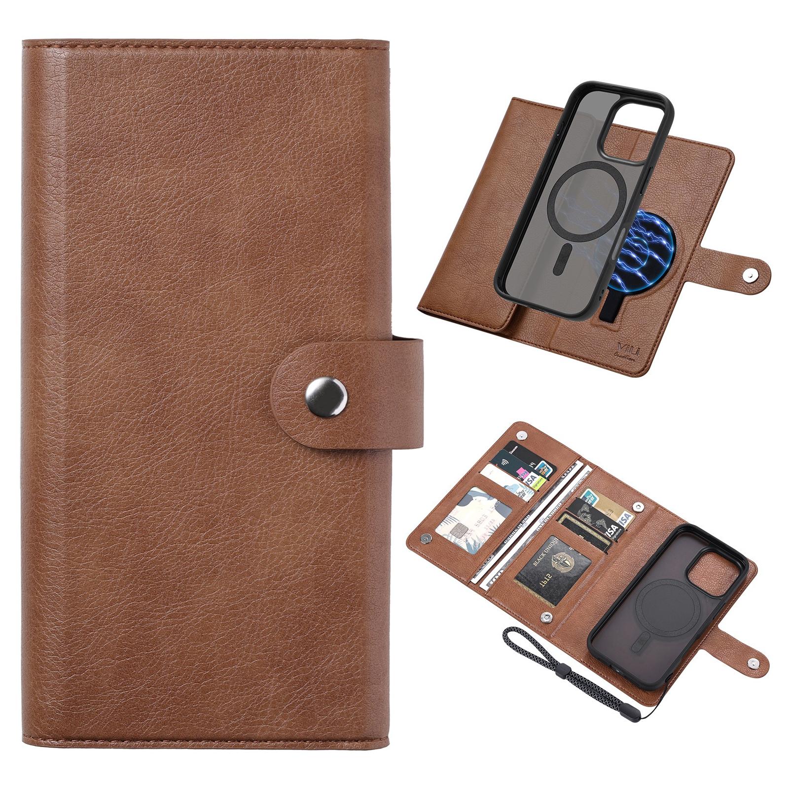 

VILI GVA Series for iPhone 16 Pro Magnetic Phone Case Leather Cover Detachable 2-in-1 Brown