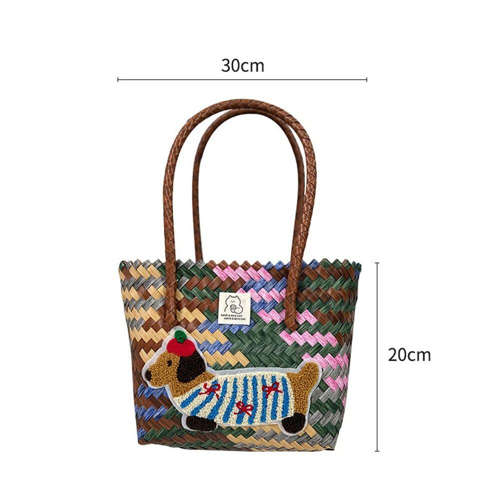 Casual PP Woven Handbags Stripe Woven Straw Bag Large Capacity Bamboo Handle Weaving Basket Female