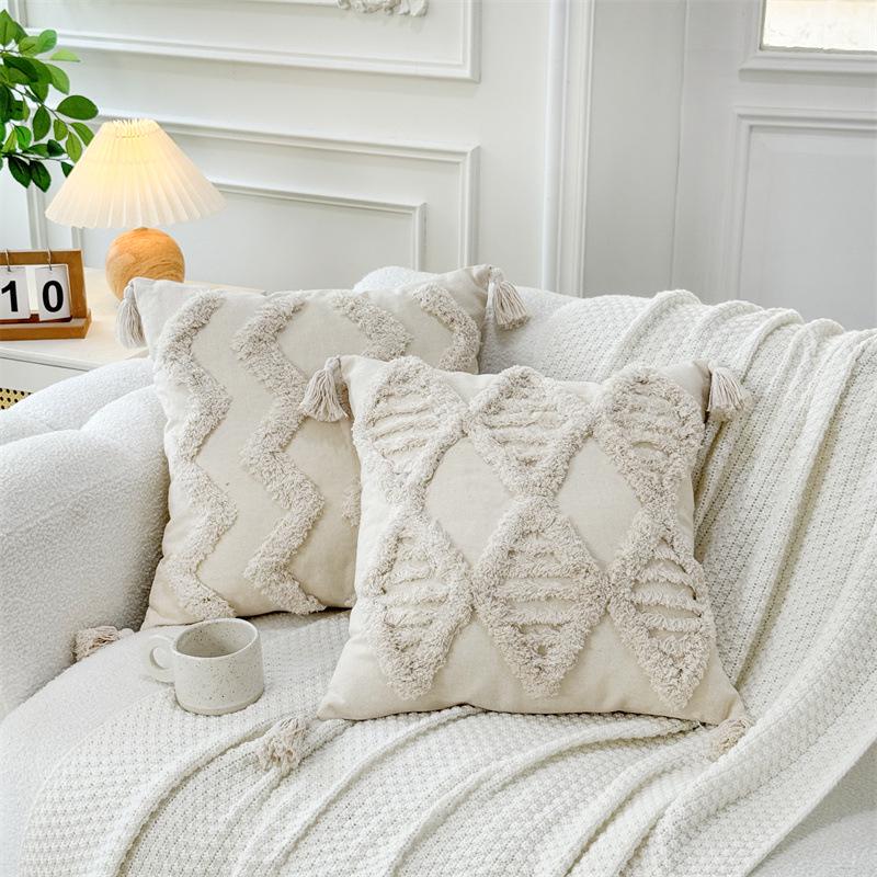 Bohemian Flocked Embossed Tassel Woven Lumbar Pillow Cover