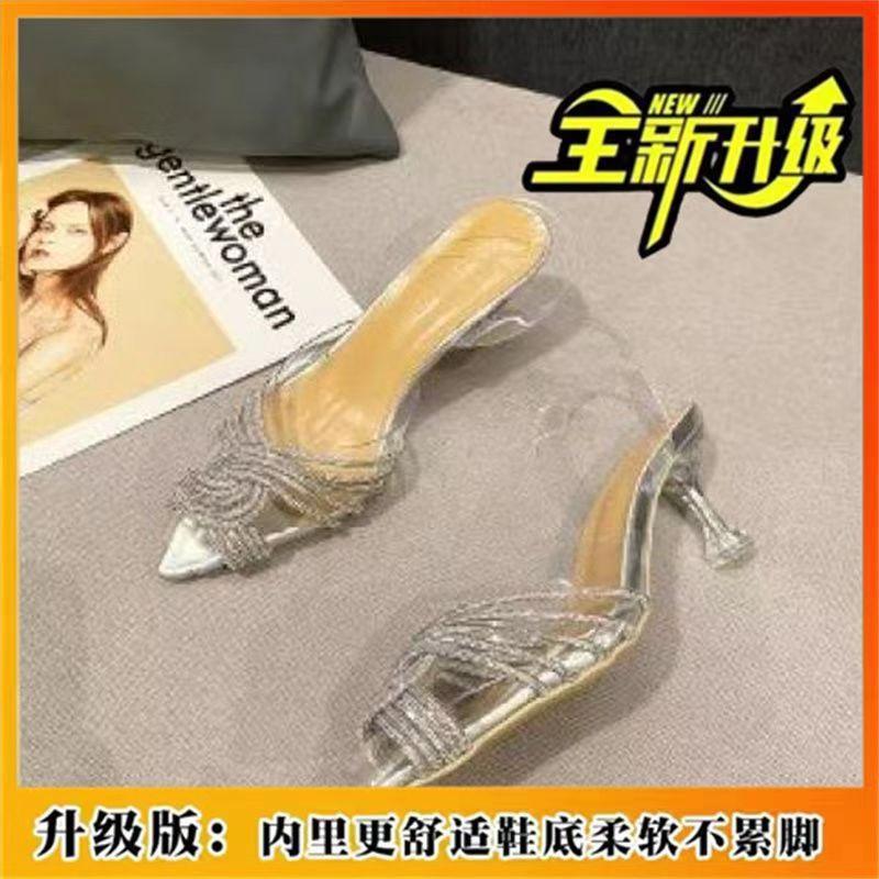 Youth Sexy Transparent High Heels Cross Rhinestone Pointed Royal Sister Sexy Beautiful Bag Head Sandals Women'S Summer