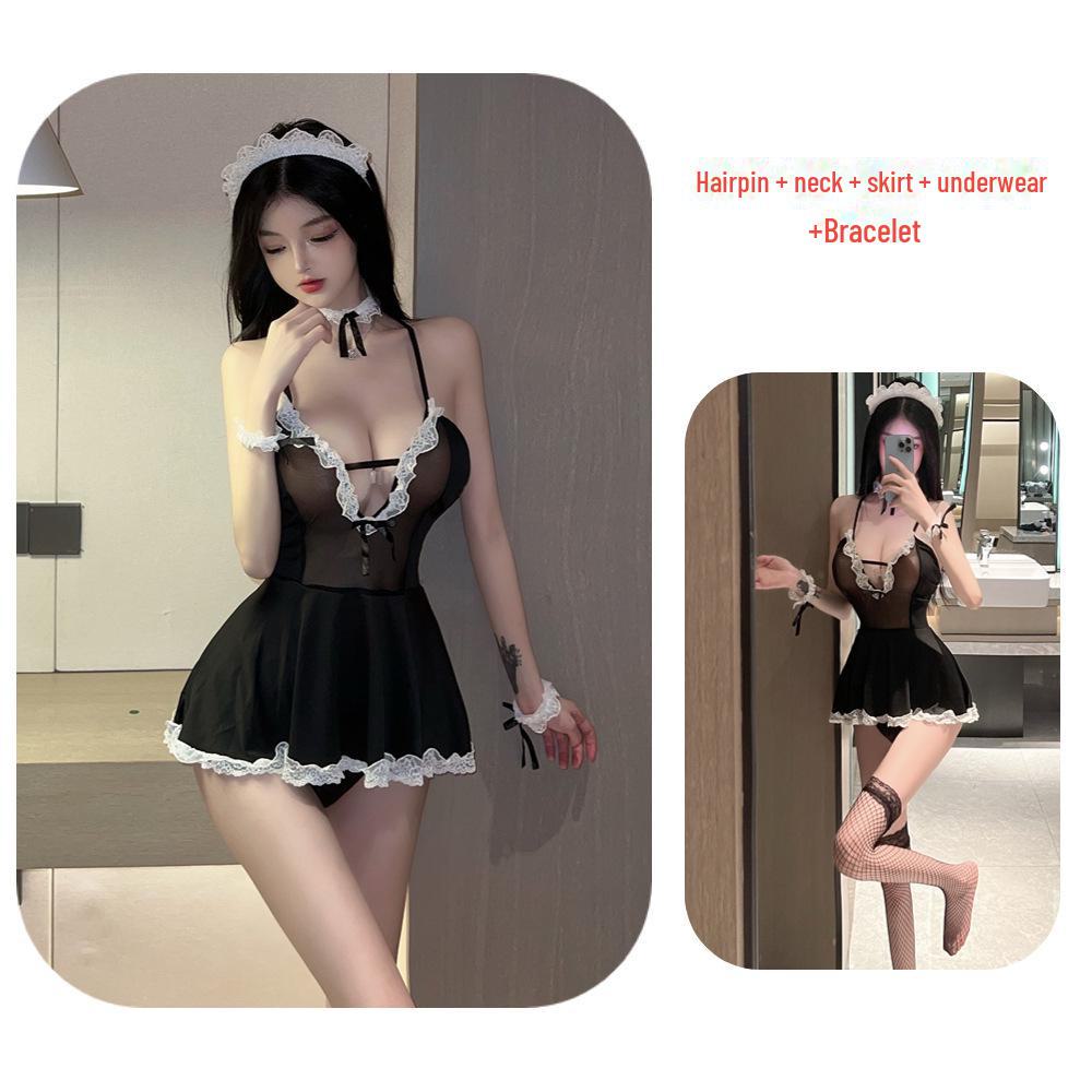 Seductive Plus Size Maid Lingerie Set: Sheer Lace Passion Suit with Women's Bag, Easy Removal