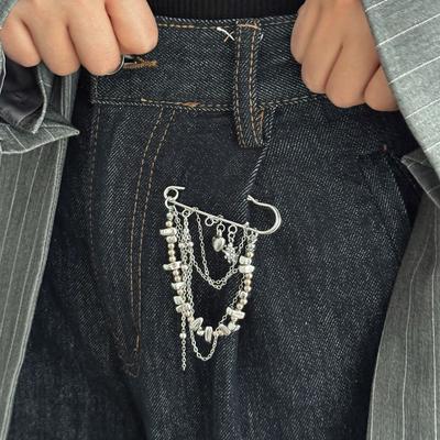 Exaggerated Design Metal Chain Pendant Adjustable Length Faux Pearl Tassel Brooches Octagonal Star Rhinestone Heart