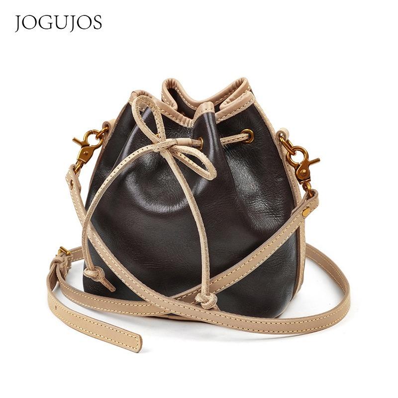 JOGUJOS vegetable tanned leather classic drawstring bucket bag casual fashion messenger bag women's shoulder bag genuine leather women's bag