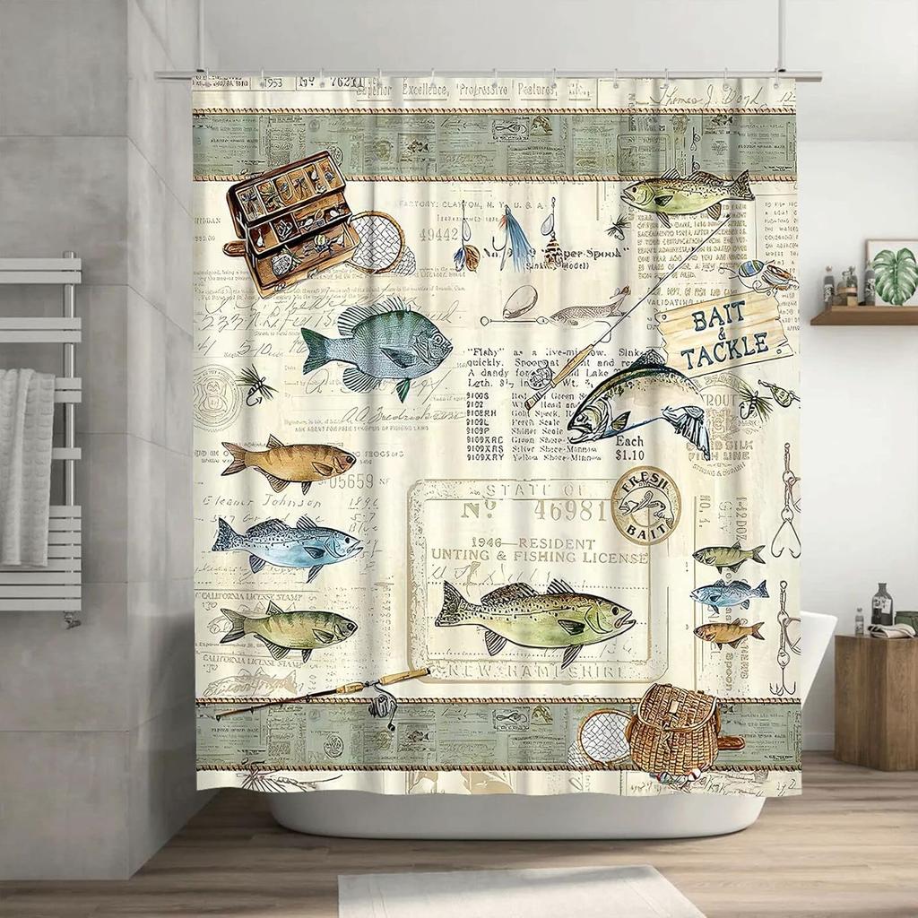 Rustic Fishing Cabin Shower Curtain, Farmhouse Country Fish Outdoor Themed Waterproof Bathroom Decor