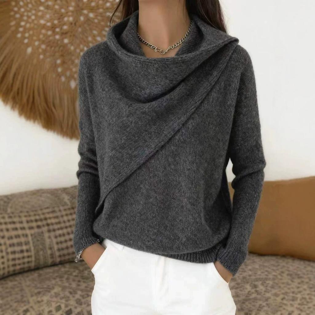 Women Cowl Neck Wrap Sweater Asymmetric Draped Long Sleeve Solid Color Loose Elegant Ladies Autumn Winter Knit Pullover