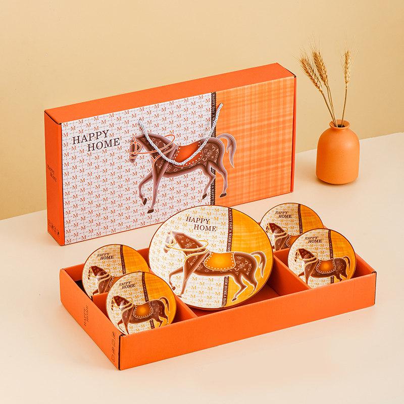 Year of the Horse Ceramic Rice Bowl Set: Includes Bowl, Plate, and Chopsticks - Perfect for Home and Business Gifts