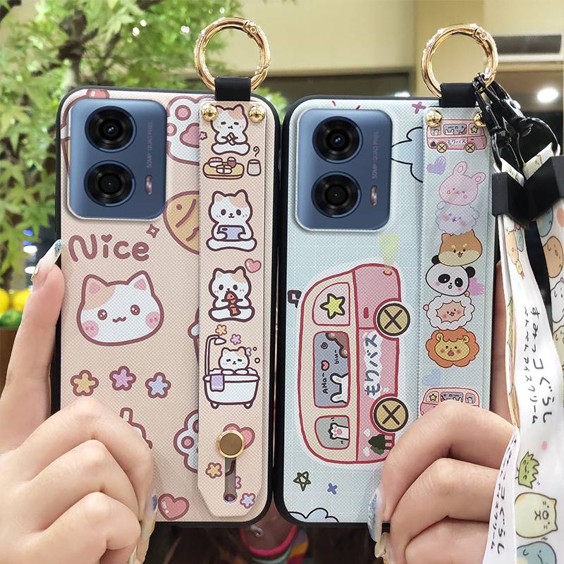 Ring Waterproof Phone Case For MOTO G24 Power Back Cover Anti-dust Durable Wristband Kickstand Protective Lanyard Cute