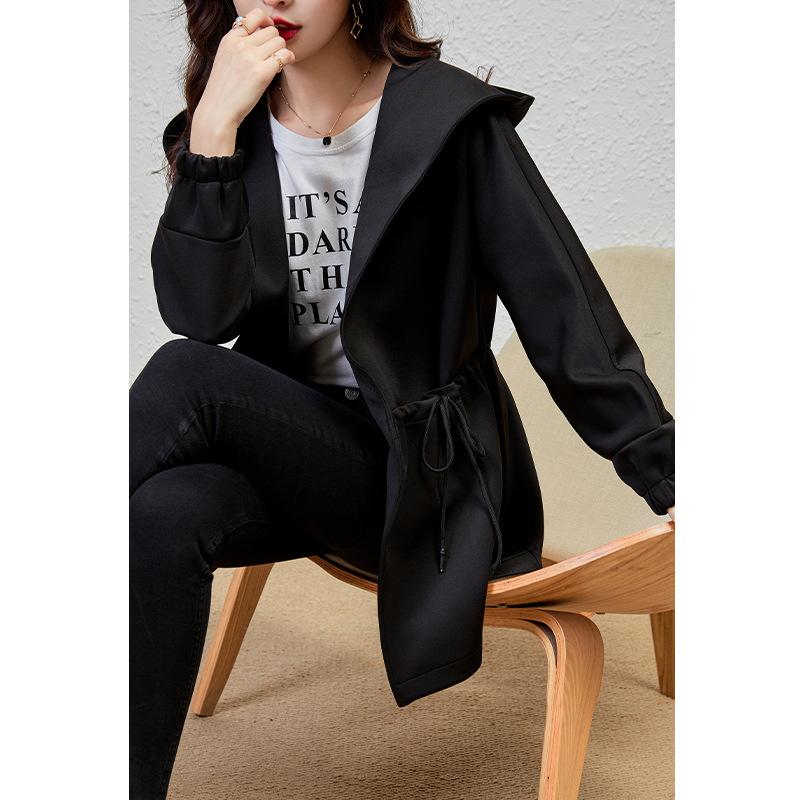 Black Hooded High-quality Trench Coat, Women's New Spring Medium and Long, Thin Coat Women's Clothing