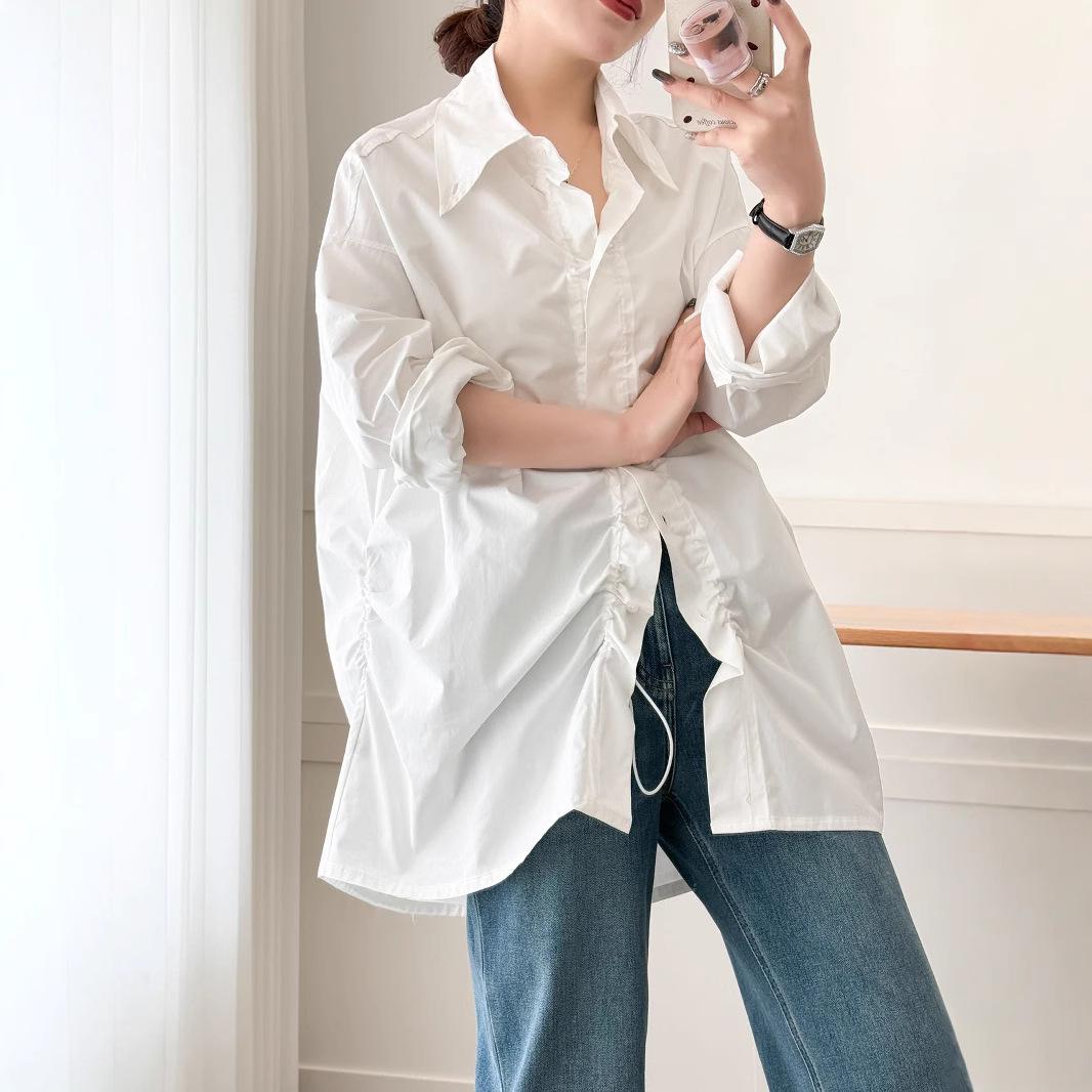 

Женская белая рубашка средней длины на кулиске в стиле ретро Гонконг, весна 2025 L белый