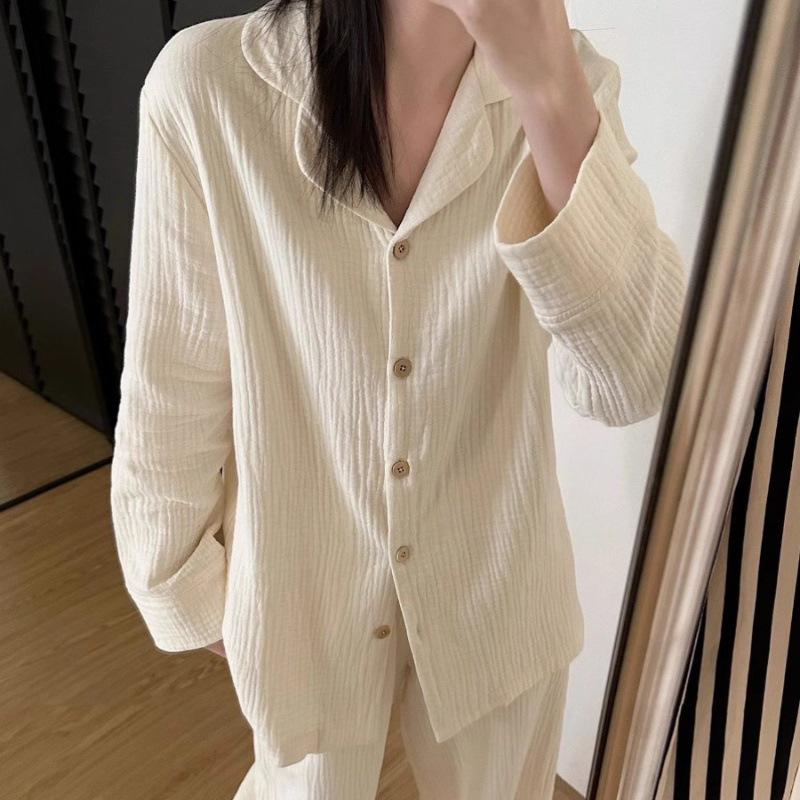 

Мягкая белая пижама в корейском стиле для женщин - имитация хлопка, однотонный цвет, кардиган с длинными рукавами, большой размер - весна/осень Medium