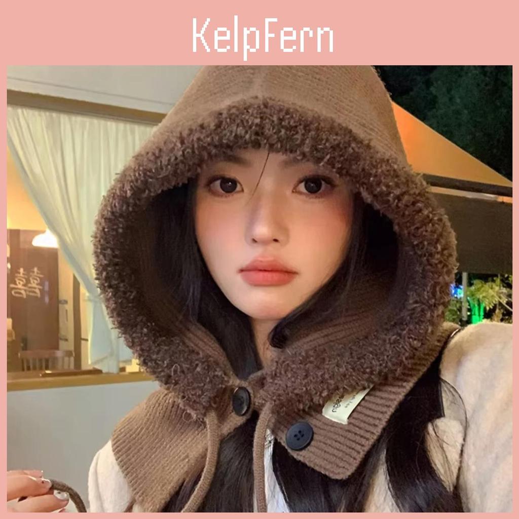 Knitted Women Balaclava Hat Wool Retro Solid Color Ear Warmer Hooded Cap Korean Girl Windproof Onepiece Neck Collars Bonnet