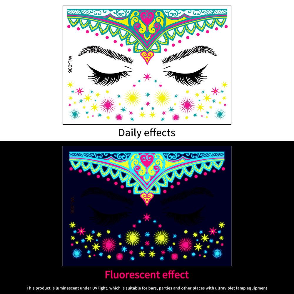 16 Fluorescent Face Stickers Nightclub Masquerade Neon Fluorescent Face Stickers Waterproof Music Festival Glow Tattoo Stickers