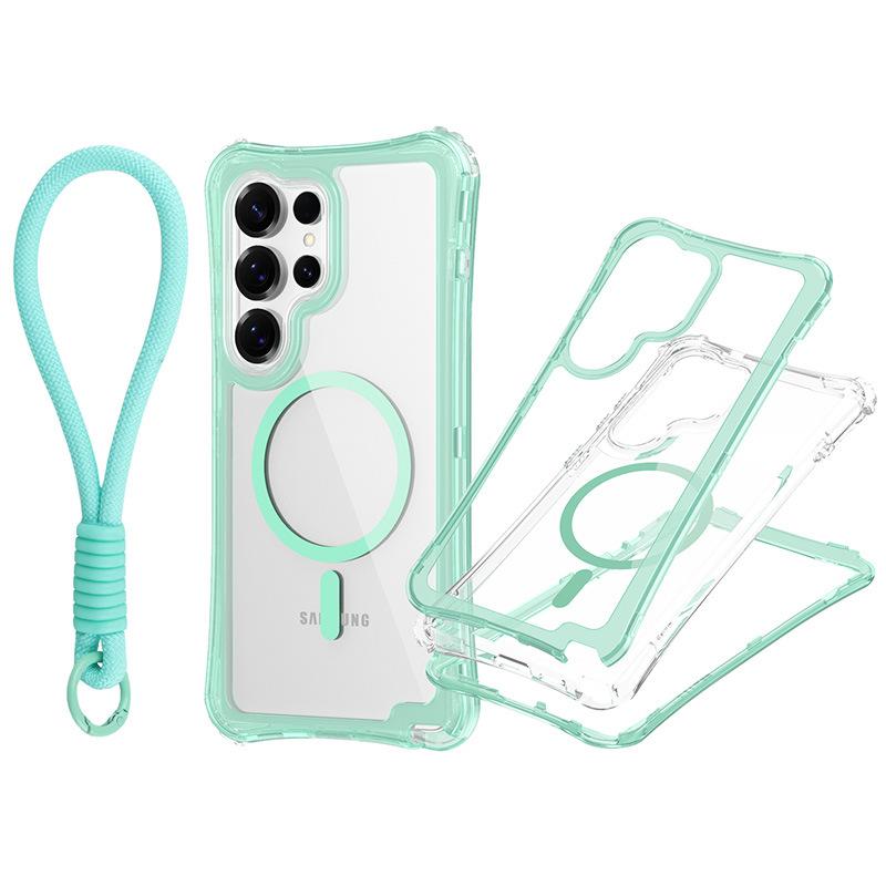 For Samsung S25 Ultra Magnetic Transparent Triple-Function Phone Case with Wrist Strap