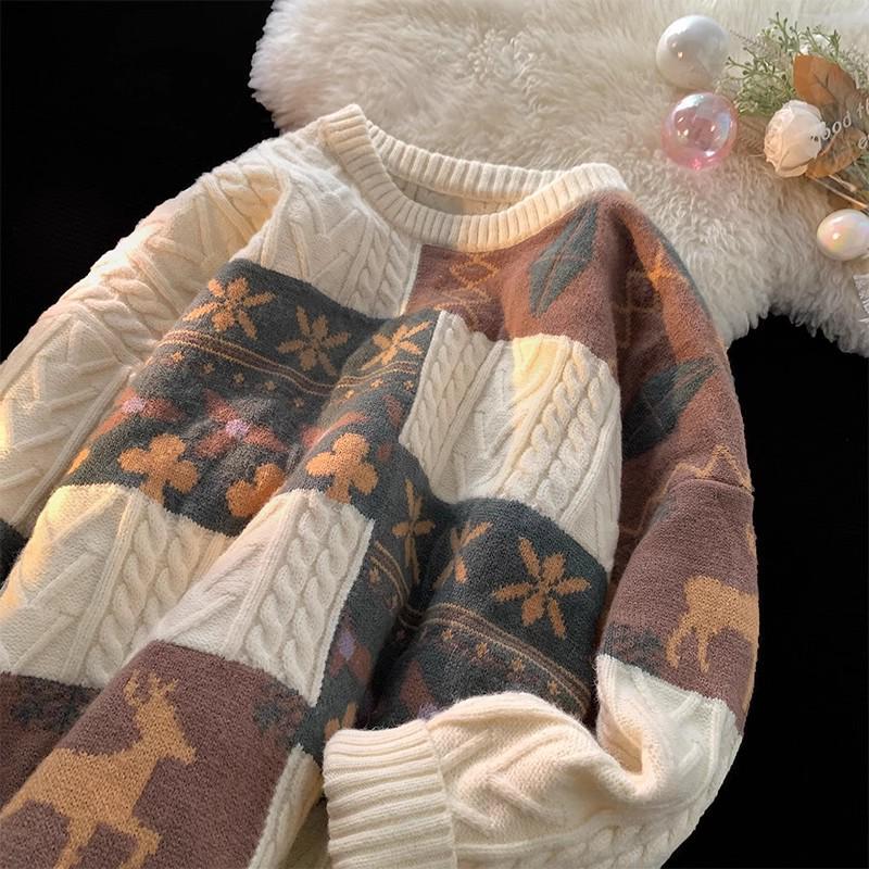 Men's Retro Patchwork Knit Sweater: Warm, Thick, Stylish, and Loose-Fit Winter Jacket