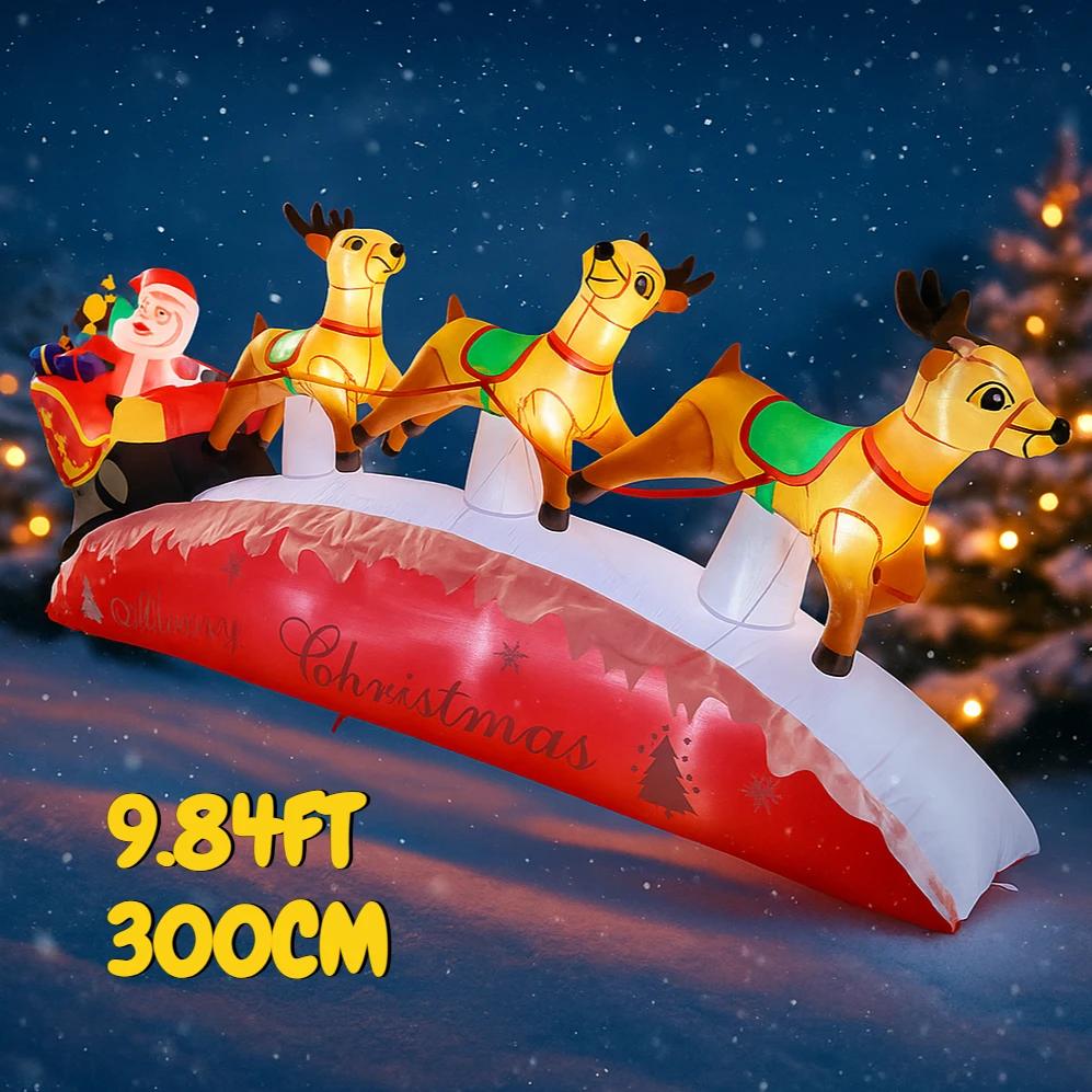 9.84FT Inflatable Toy Santa Claus Sleigh Reindeer Xmas Yard Decoration LED Christmas Supplies Home Ornament Festive Gift