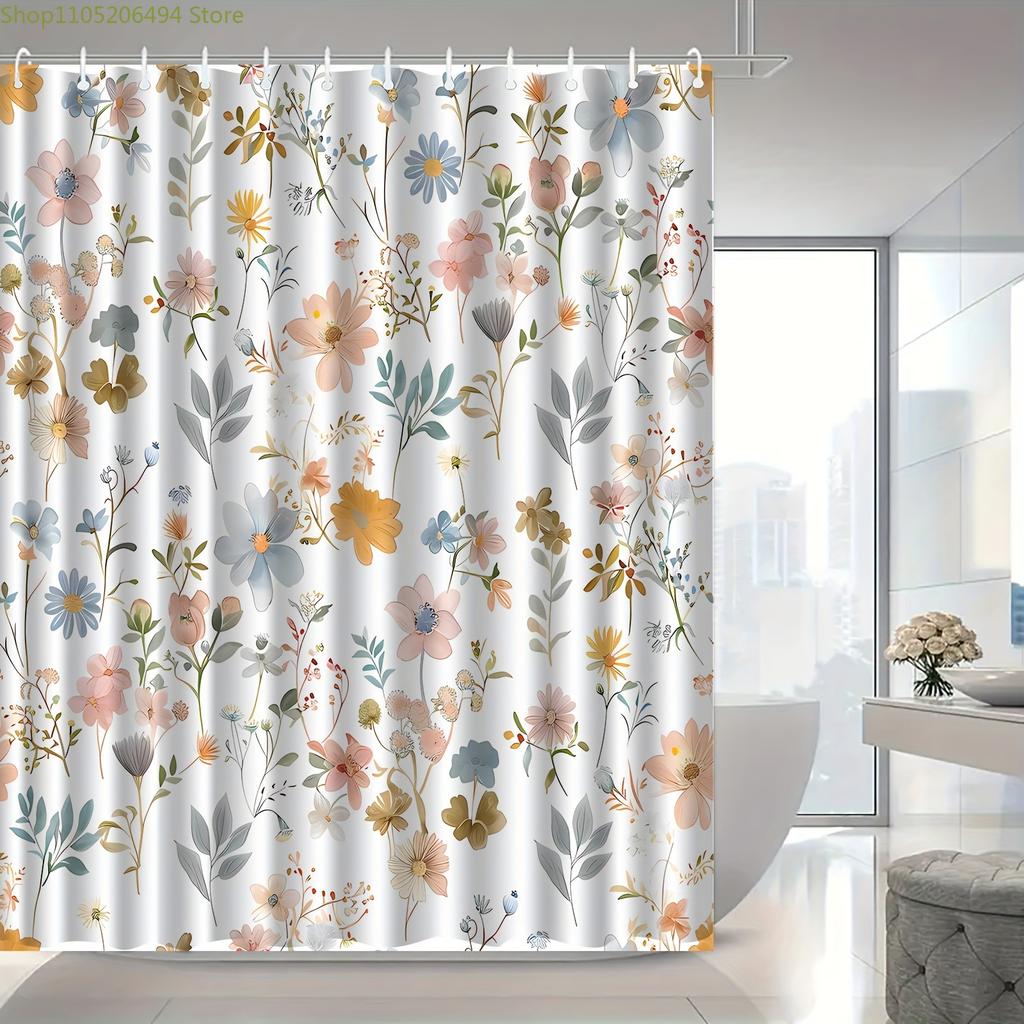 1pc Floral Pattern Printed Shower Curtain, Suitable for Home Bathroom Decoration, Easy Installation, with 12 Hooks Polyester F