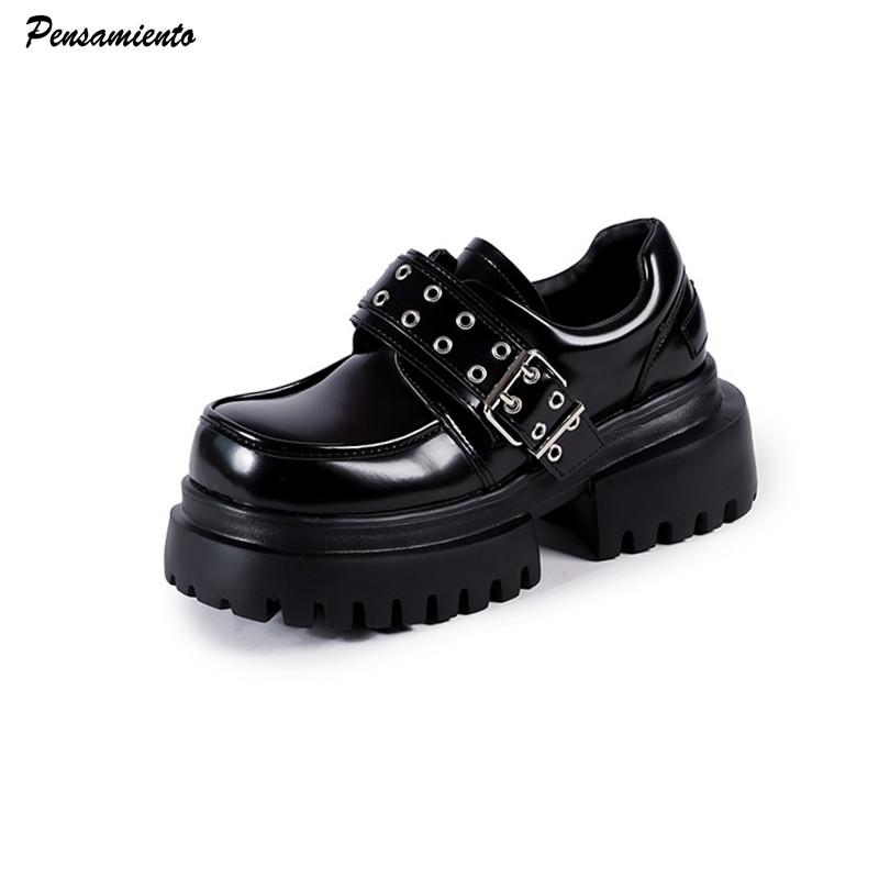 Spring Autumn Patent Leather Rivet Metal Buckle Platform Wedges Women Flats Shoes Casual Thick Bottom Loafers Shoes