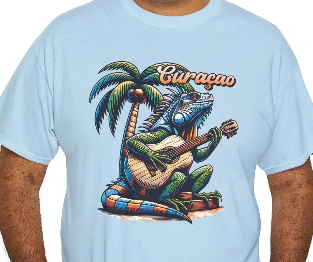 

Curaçao Iguana Playing Guitar Under A Palm Tree T shirt 2XL