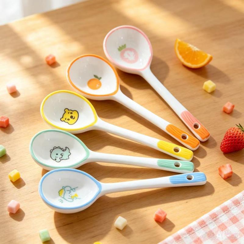 Long Handle Hand-Painted Ceramic Spoon - Cute Cartoon Design