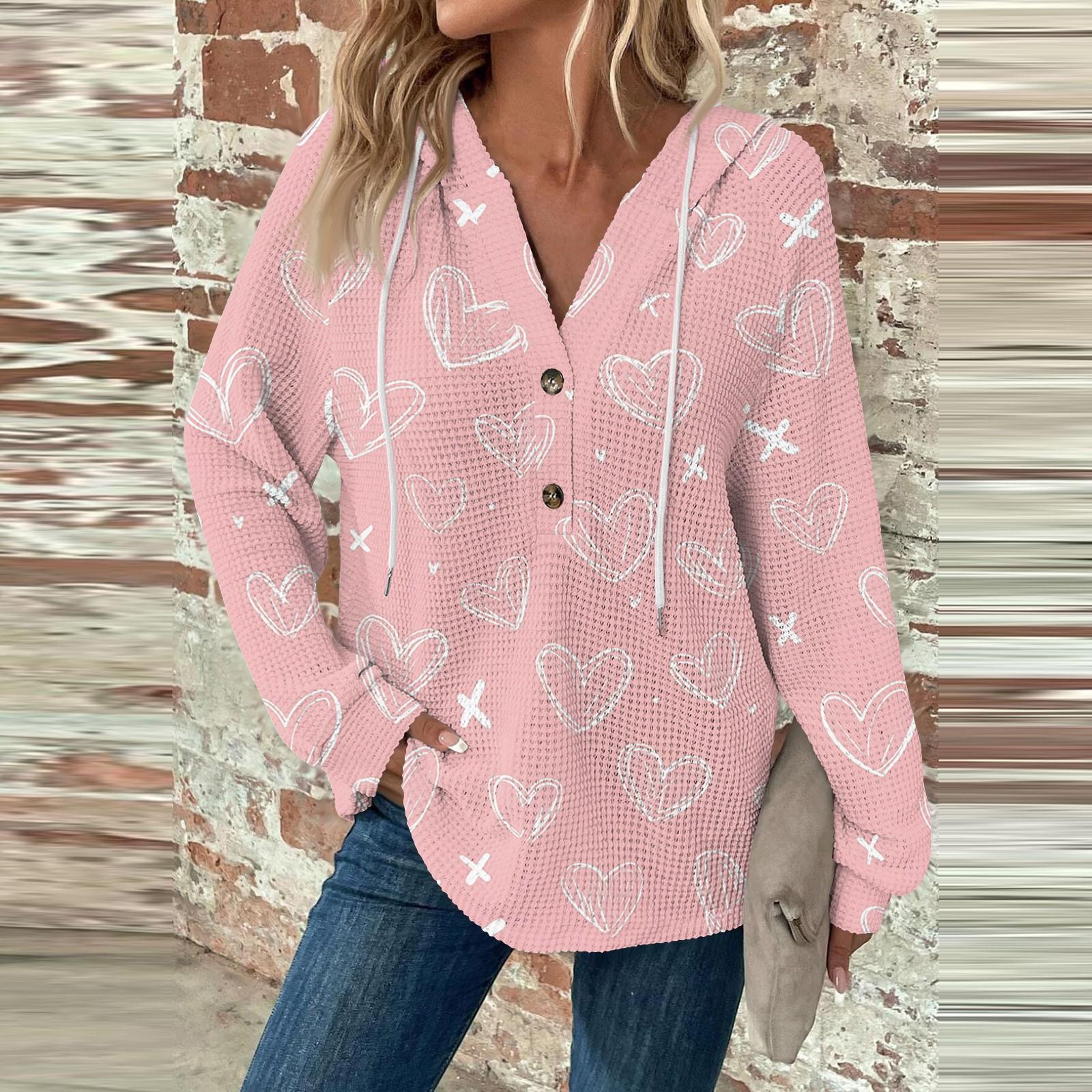 

Женский повседневный топ с длинным рукавом, пуговицами, V-образным вырезом, принтом ко Дню святого Валентина, затягивающимся шнурком и капюшоном XL арбуз красный