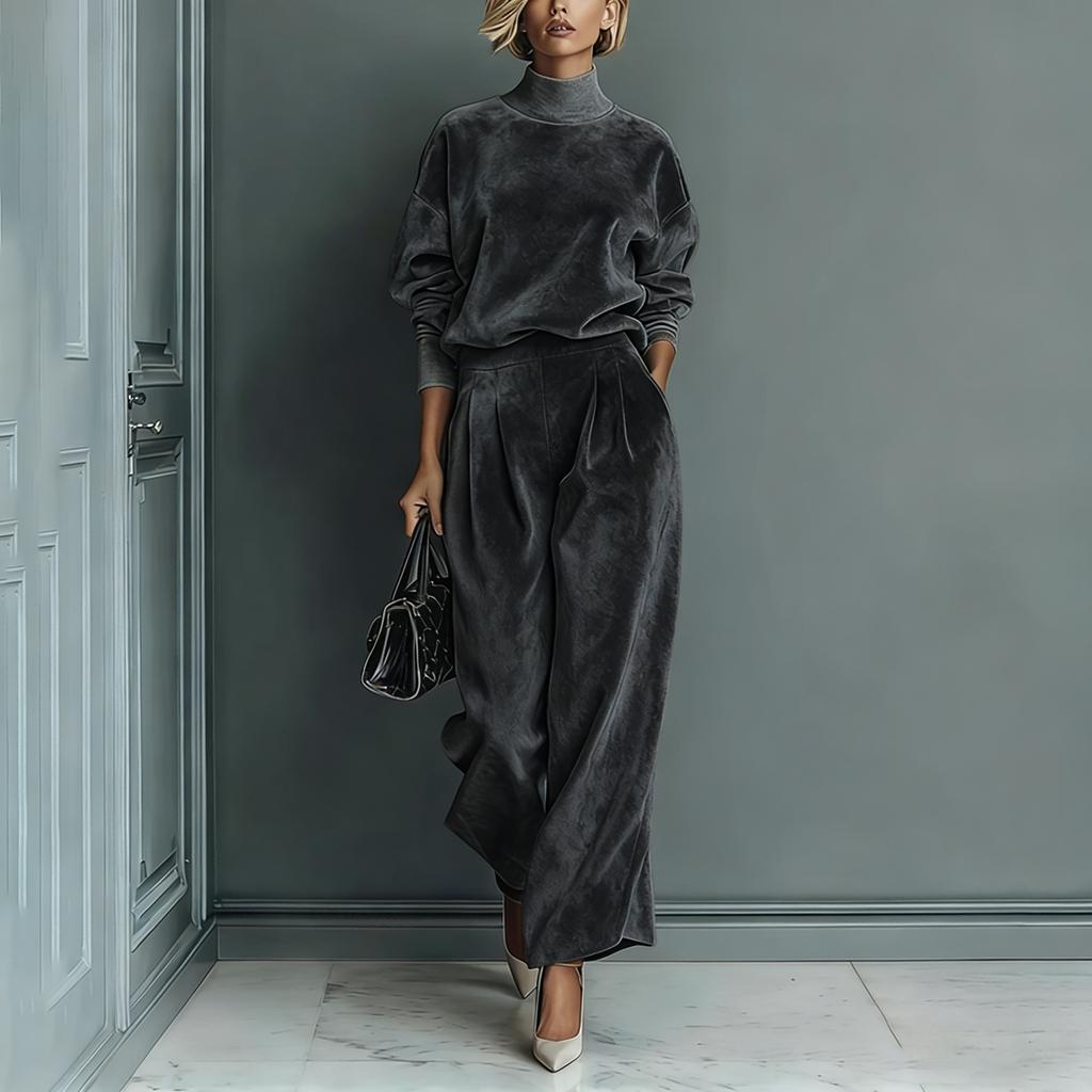 Women's Light Brown Velvet High Neck Top and Wide Leg Pants Set