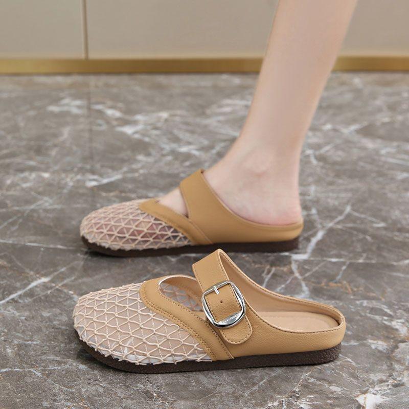 

French bag head half slippers women s summer wear with skirt 2025 new flat-bottomed pregnant women do not tire with one pedal 41 хакі