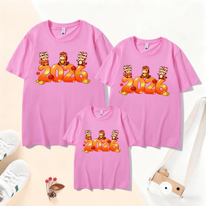 2026 Year of the Horse Red Family T-Shirt Set: Parent-Child Short-Sleeve for Chinese New Year Festive Photos