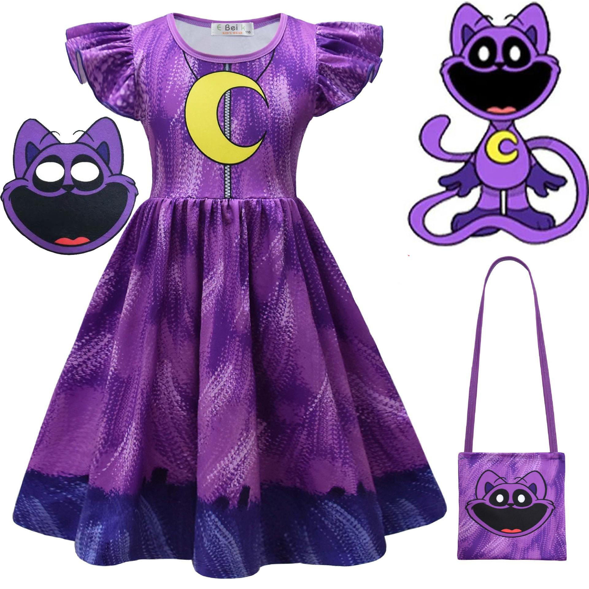Robes de Princesse pour Filles Critters Souriants Cosplay Enfant Chat-Dormeur Jour-de-Chien Costume Masque Enfants Halloween Dessin Animé Vestidos Robe Décontractée 120(5-6Years) purple