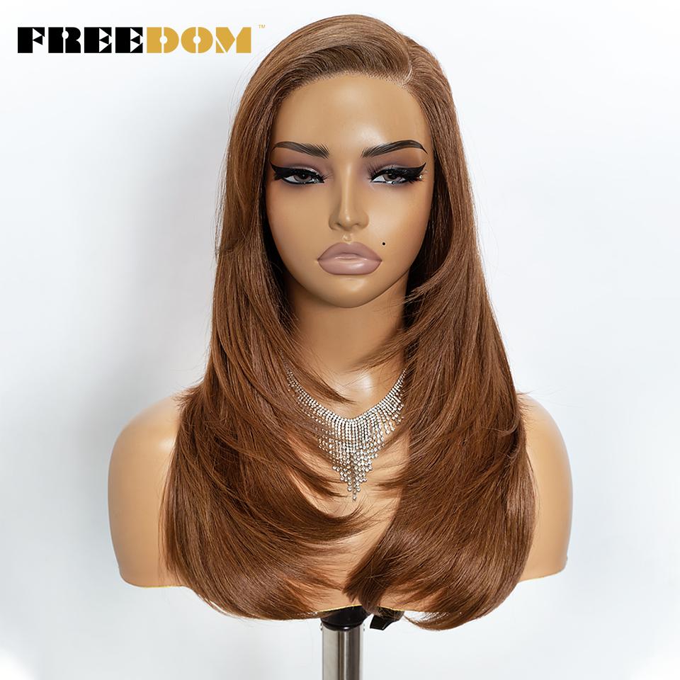 

FREEDOM Synthetic Lace Wigs For Women Straight Layered Lace Wig 18 Inch Side Part Pre Plucked Ombre Brown Blonde Cosplay Wigs (as the picture,18inches&slide part)